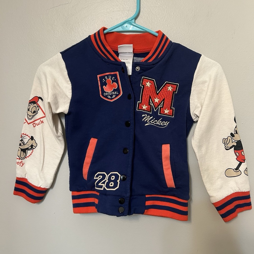 Disney Store Varsity Jacket Kids 4/5 Navy Blue Mickey Mouse 28 Patch Snap Up